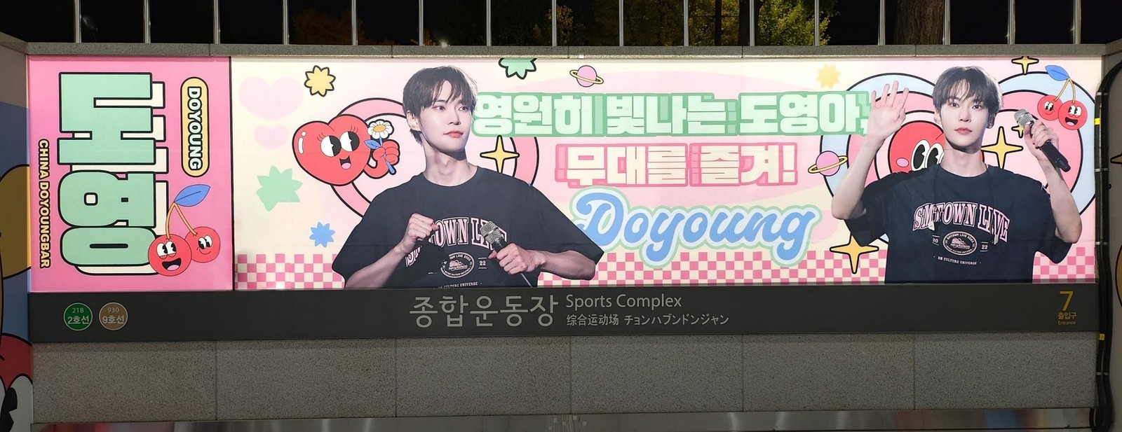 Night view of the lit banner above the "Sports Complex" station name sign, with two photos of a singer holding a microphone, a Korean headline in green and pink, and "Doyoung" in blue script
